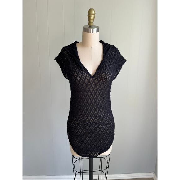 Vintage Tops - Vintage Y2K Black Sheer Stretchy Hoodie Top Medium Whimsigoth Mesh Gauzy Witchy